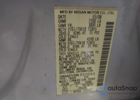 2008 Nissan Titan Le/Pro-4X/Se/Xe из США, поврежденный, VIN 1N6AA07C68N357051